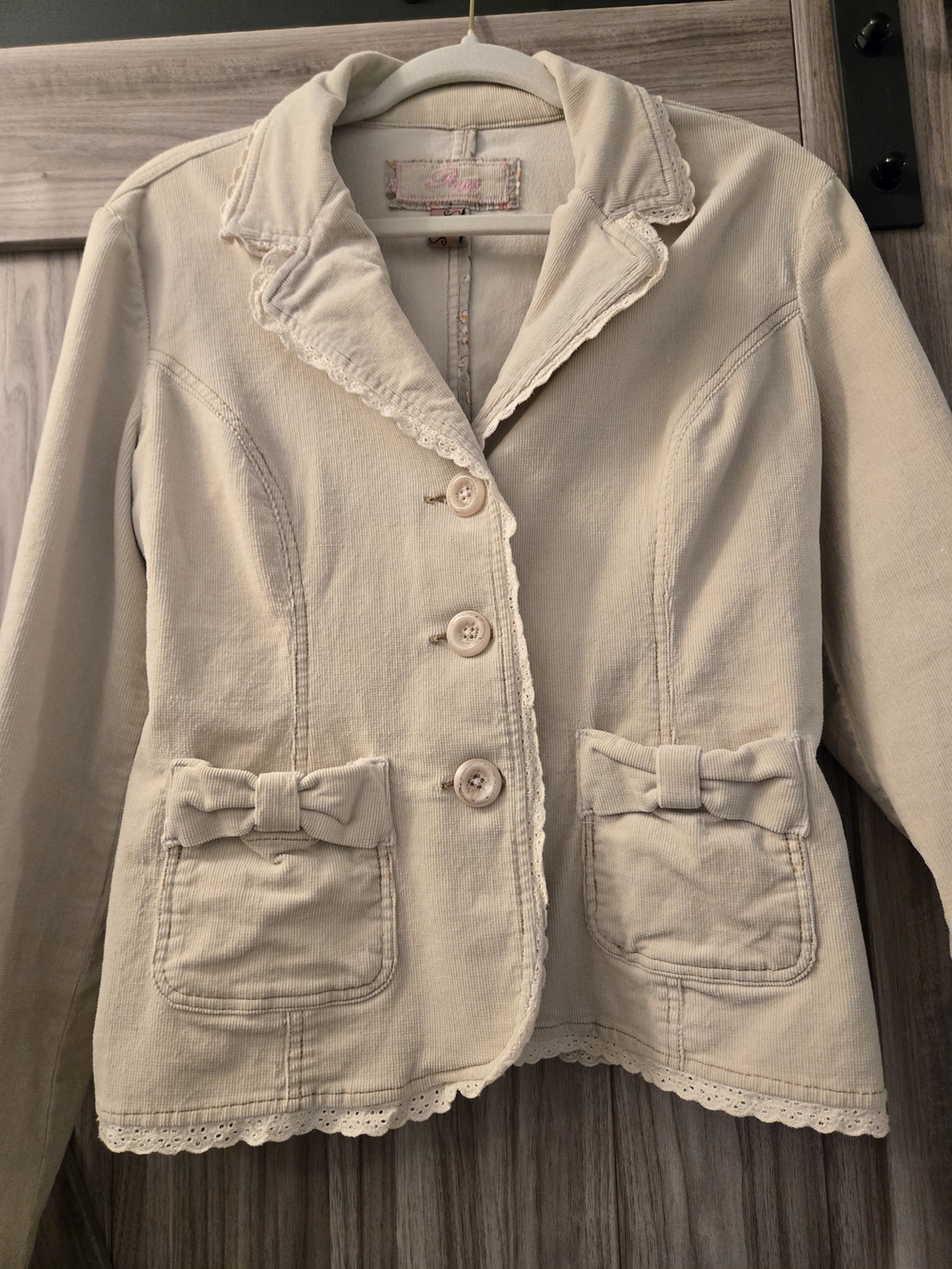 Plugg Cream Button-Up Blazer with Bow Pockets, Lace Trim, Corduroy